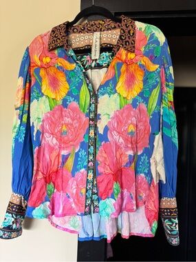 Aratta Floral Patchwork Button-Front Women’s Blouse - Blue & Pink